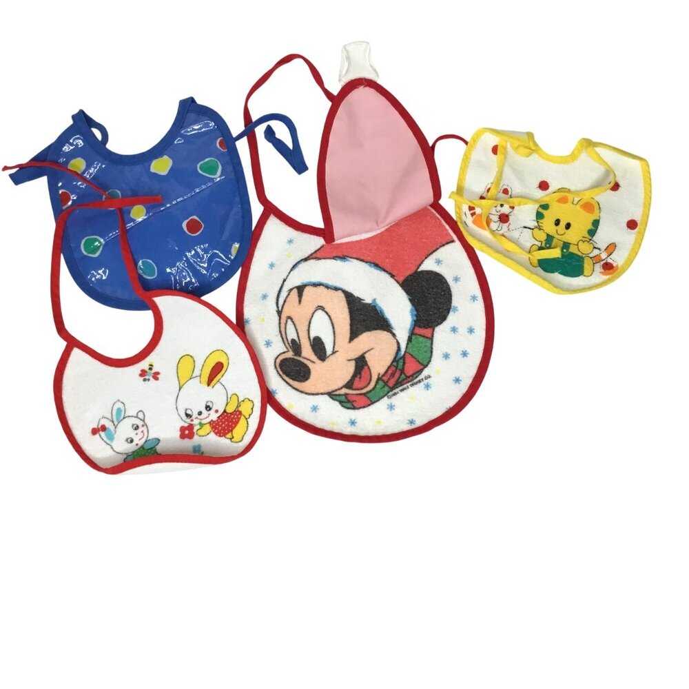 VTG Baby Bib Lot Snap Ups Disney MICKEY Bunny Tiger Hong Kong Japan 80s 90s VBC